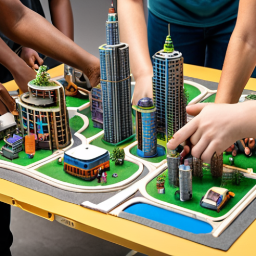 **A group of diverse students collaborating on a sustainable city prototype, incorporating recycled materials and futuristic designs, vibrant colors, showcasing STEAM principles.** (Focuses on the hands-on, collaborative aspect)