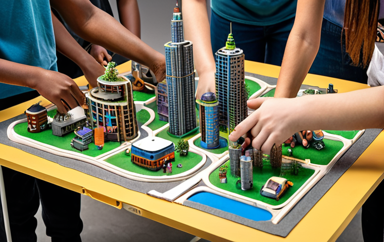 **A group of diverse students collaborating on a sustainable city prototype, incorporating recycled materials and futuristic designs, vibrant colors, showcasing STEAM principles.** (Focuses on the hands-on, collaborative aspect)