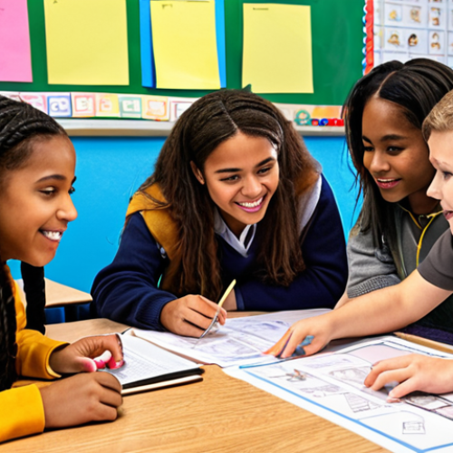 ** A vibrant, diverse school scene. Students of various backgrounds are collaborating on a project, with a supportive teacher guiding them. The atmosphere is positive and encouraging, with visible displays of student work and cultural diversity. Emphasize bright colors and a sense of community.

**