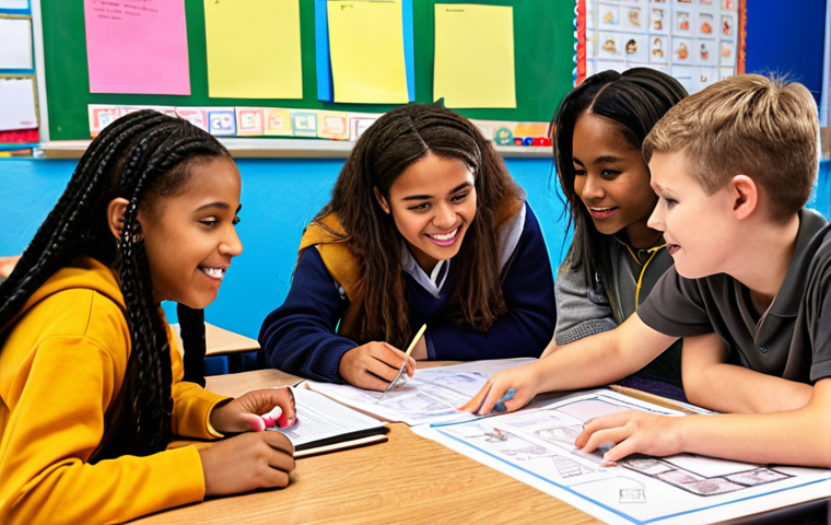 ** A vibrant, diverse school scene. Students of various backgrounds are collaborating on a project, with a supportive teacher guiding them. The atmosphere is positive and encouraging, with visible displays of student work and cultural diversity. Emphasize bright colors and a sense of community.

**