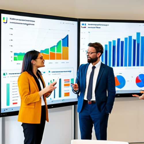 A group of three diverse business professionals, two women and one man, fully clothed in modest, professional business attire, are collaboratively engaging in a bright, modern corporate learning center. They are gathered around a sleek, interactive digital screen displaying complex data visualizations, with whiteboards in the background showing innovative concepts. The space is well-lit, representing a future-focused learning environment, safe for work, appropriate content, perfect anatomy, correct proportions, natural pose, well-formed hands, proper finger count, natural body proportions, professional photography, high quality.