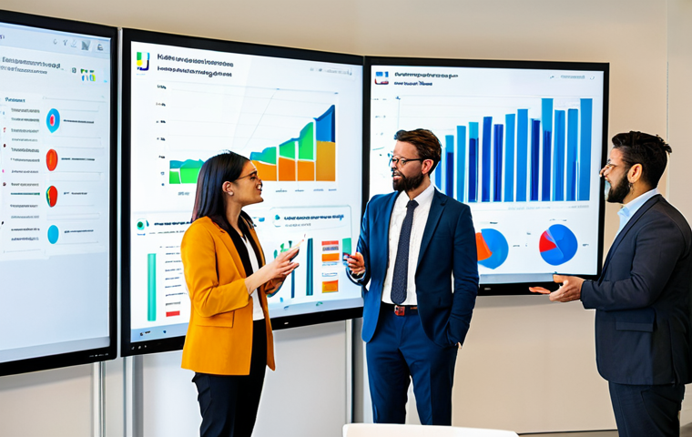A group of three diverse business professionals, two women and one man, fully clothed in modest, professional business attire, are collaboratively engaging in a bright, modern corporate learning center. They are gathered around a sleek, interactive digital screen displaying complex data visualizations, with whiteboards in the background showing innovative concepts. The space is well-lit, representing a future-focused learning environment, safe for work, appropriate content, perfect anatomy, correct proportions, natural pose, well-formed hands, proper finger count, natural body proportions, professional photography, high quality.