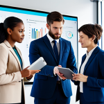 A diverse group of young professionals, fully clothed in modest, contemporary business attire, actively collaborating around an interactive digital display in a modern, brightly lit office space. One professional points thoughtfully at a complex diagram while another reviews data on a tablet. The scene conveys a blend of theoretical knowledge with practical application and continuous learning, showcasing innovation and problem-solving. Professional photography, high detail, sharp focus, vibrant colors, safe for work, appropriate content, fully clothed, professional dress, perfect anatomy, correct proportions, natural pose, well-formed hands, proper finger count, natural body proportions, family-friendly.