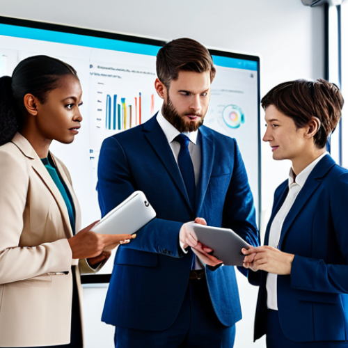 A diverse group of young professionals, fully clothed in modest, contemporary business attire, actively collaborating around an interactive digital display in a modern, brightly lit office space. One professional points thoughtfully at a complex diagram while another reviews data on a tablet. The scene conveys a blend of theoretical knowledge with practical application and continuous learning, showcasing innovation and problem-solving. Professional photography, high detail, sharp focus, vibrant colors, safe for work, appropriate content, fully clothed, professional dress, perfect anatomy, correct proportions, natural pose, well-formed hands, proper finger count, natural body proportions, family-friendly.