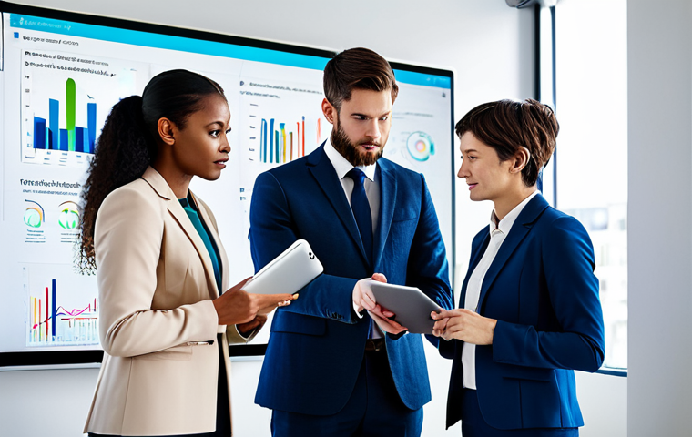 A diverse group of young professionals, fully clothed in modest, contemporary business attire, actively collaborating around an interactive digital display in a modern, brightly lit office space. One professional points thoughtfully at a complex diagram while another reviews data on a tablet. The scene conveys a blend of theoretical knowledge with practical application and continuous learning, showcasing innovation and problem-solving. Professional photography, high detail, sharp focus, vibrant colors, safe for work, appropriate content, fully clothed, professional dress, perfect anatomy, correct proportions, natural pose, well-formed hands, proper finger count, natural body proportions, family-friendly.