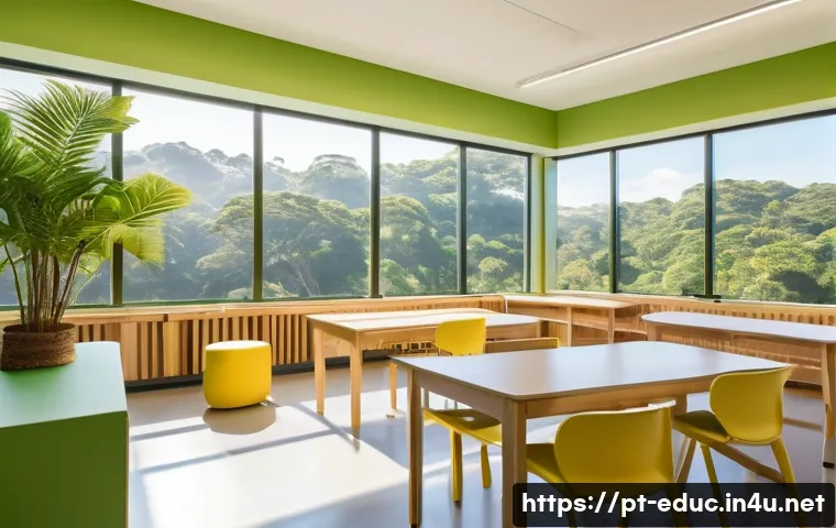 교실 환경 디자인 최적화 - A bright, modern Brazilian classroom interior bathed in abundant natural sunlight streaming through ...