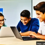 Home 17 교육공학 개론 - A modern classroom scene in Brazil featuring diverse students and a teacher engaging with interactiv...