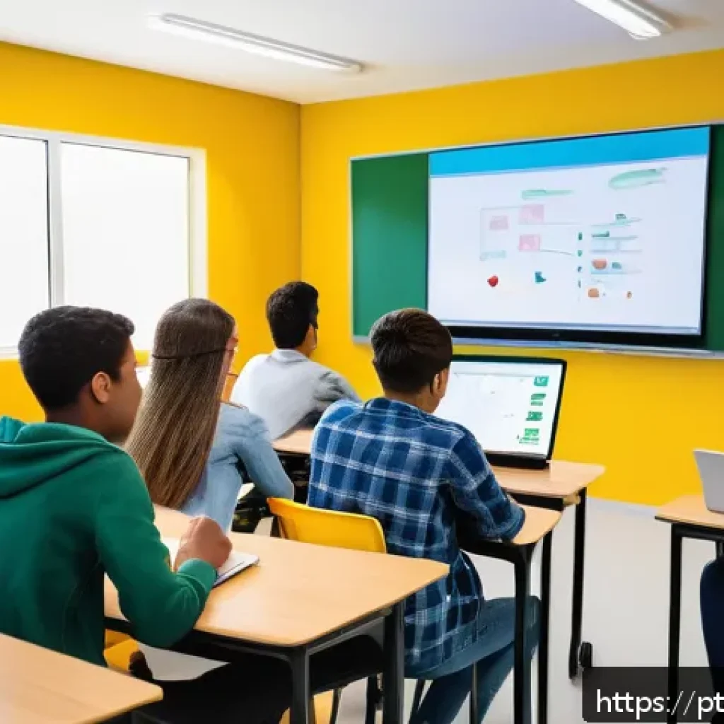 블렌디드 러닝 모델 - A diverse group of Brazilian students studying in a bright, modern classroom setting that blends phy...