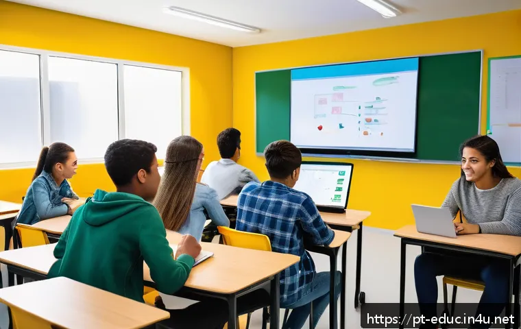 블렌디드 러닝 모델 - A diverse group of Brazilian students studying in a bright, modern classroom setting that blends phy...