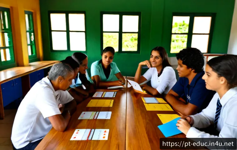 Home 30 교육과정 개발 - Photorealistic curriculum development workshop in a bright Brazilian secondary school classroom, div...