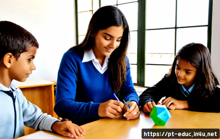 Home 17 교수학습 이론 - Photorealistic classroom scene in Portugal, an experienced teacher guiding a small group of diverse ...