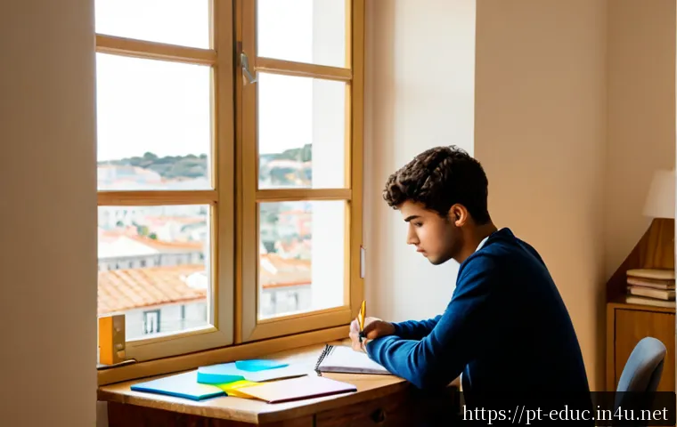 Home 17 자기조절 학습 전략 - Photorealistic Portuguese university student in a bright Lisbon apartment, calmly planning a study s...